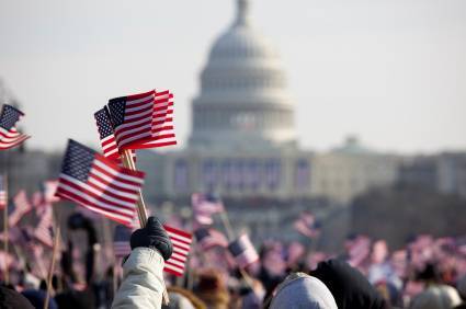 Flag waving and celebrations at the US capitol building in Washington DC